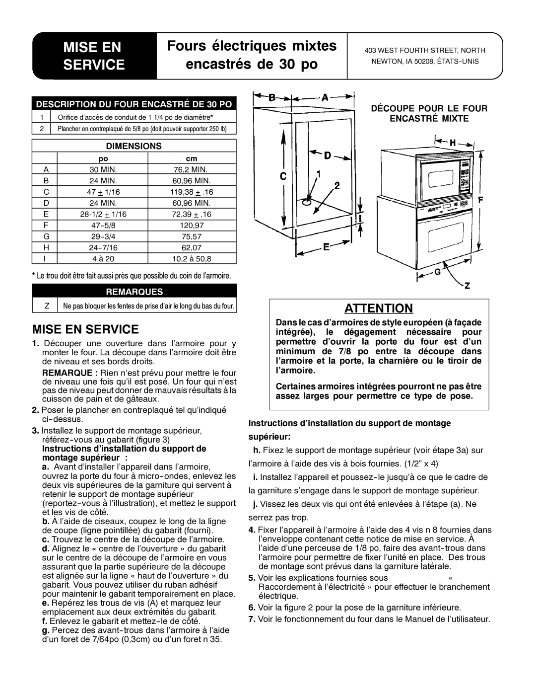 Maytag 8101P744-60 Mise EN Service, Fours électriques mixtes Encastrés de 30 po, Description DU Four Encastré DE 30 PO 