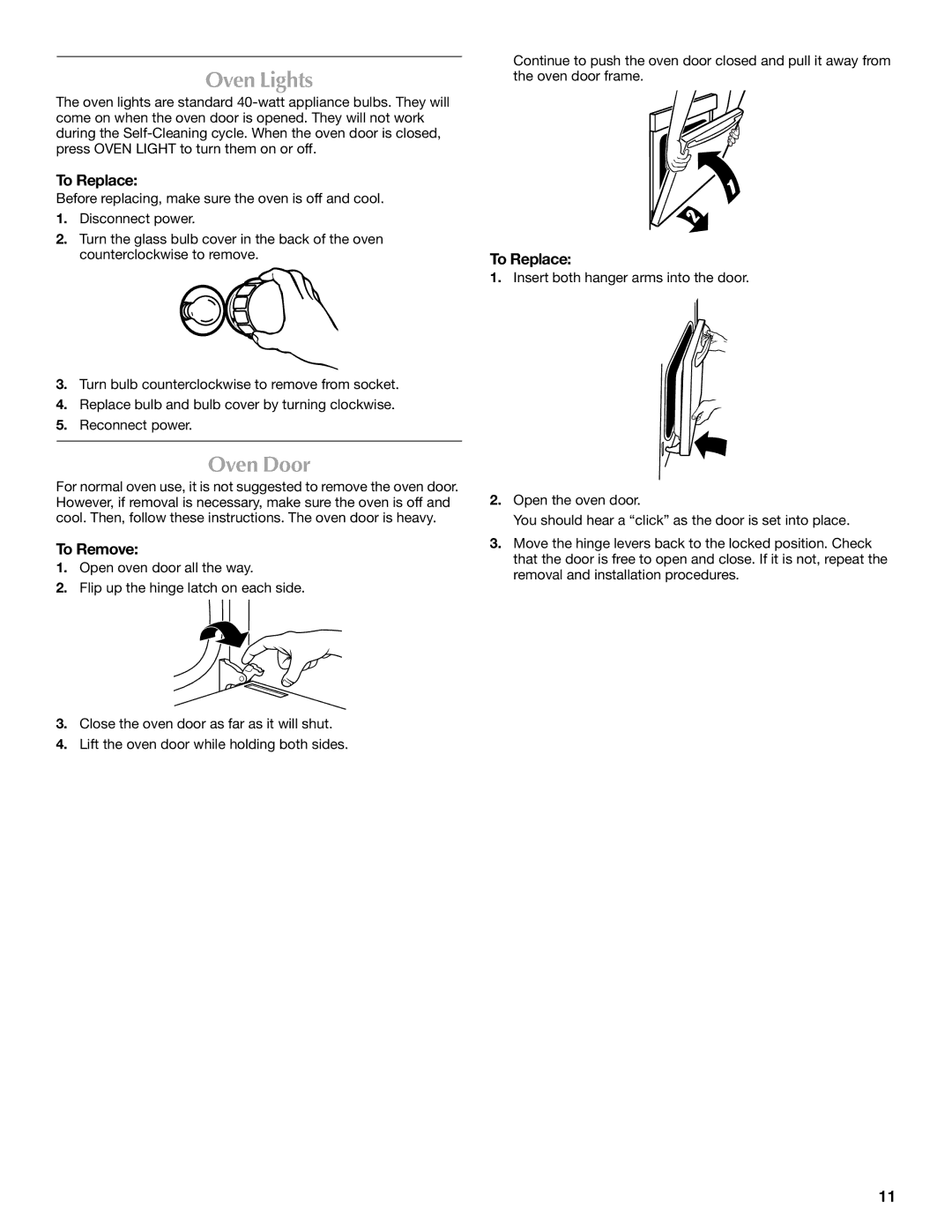 Maytag MMW7530WDS manual Oven Lights, Oven Door, To Replace, To Remove 