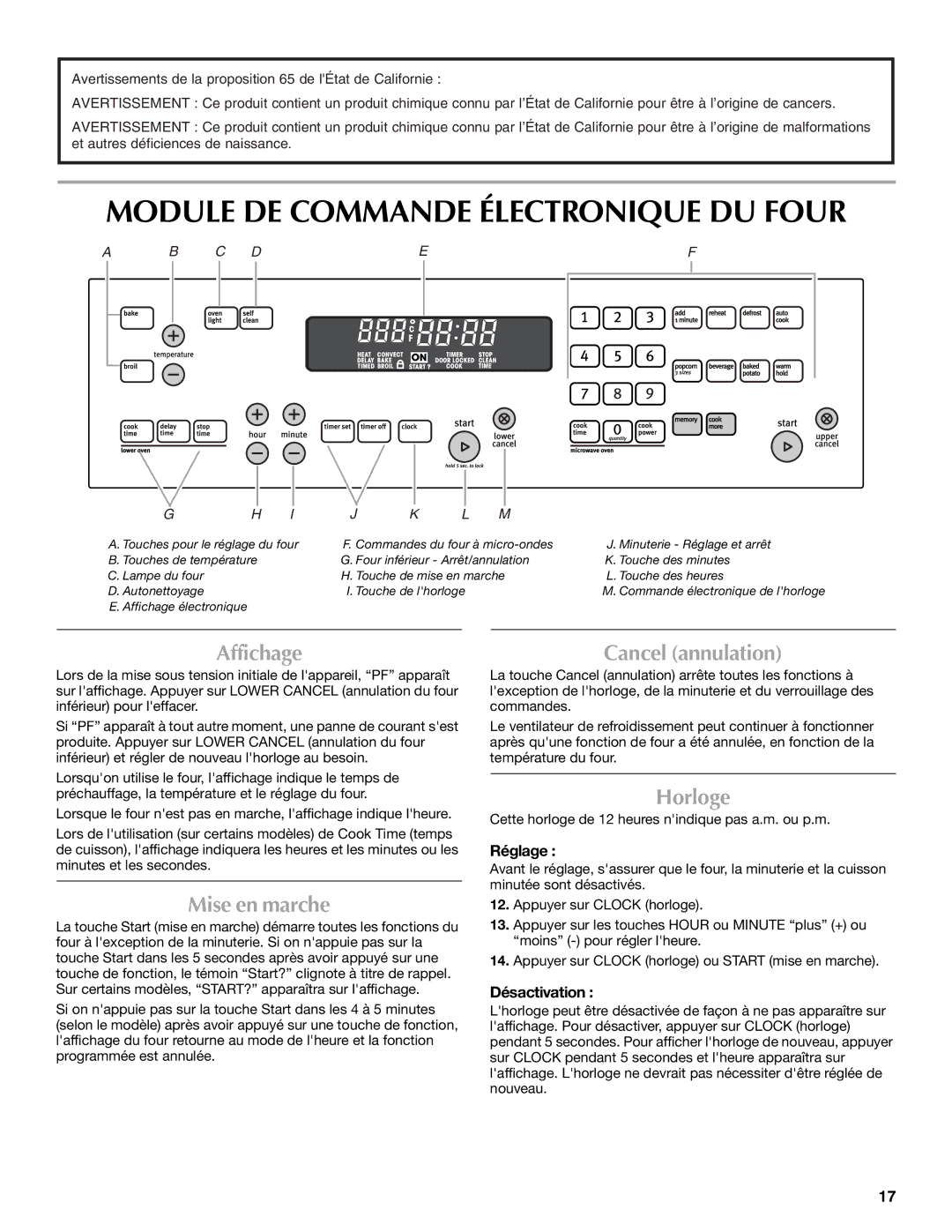 Maytag MMW7530WDS manual Module DE Commande Électronique DU Four, Affichage, Mise en marche, Cancel annulation, Horloge 