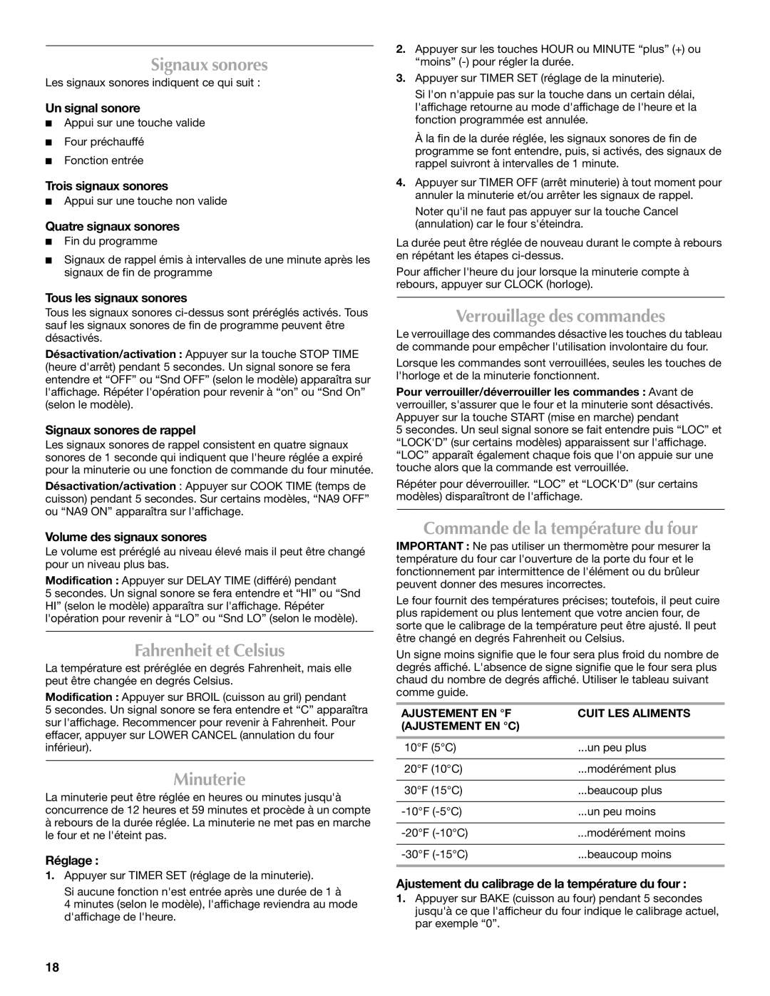 Maytag MMW7530WDS manual Signaux sonores, Fahrenheit et Celsius, Minuterie, Verrouillage des commandes 