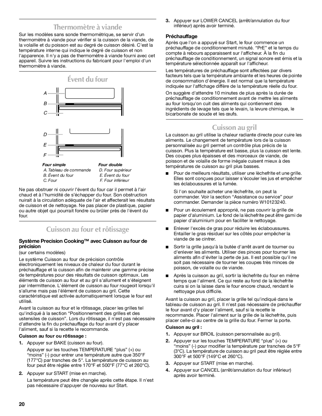 Maytag MMW7530WDS manual Thermomètre à viande, Évent du four, Cuisson au four et rôtissage, Cuisson au gril 