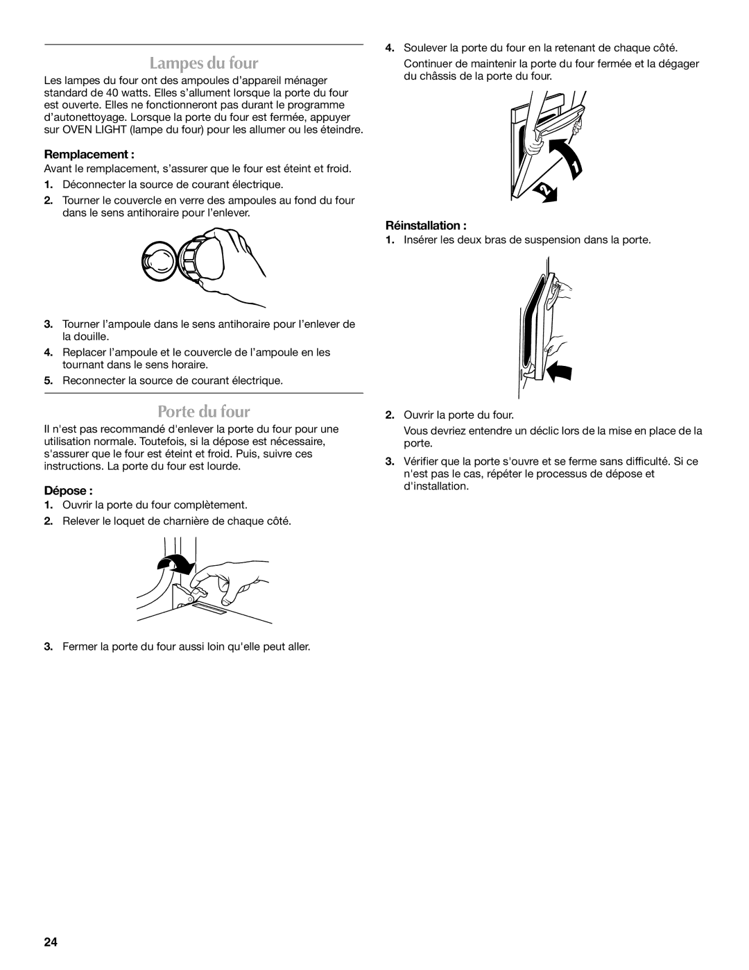 Maytag MMW7530WDS manual Lampes du four, Porte du four, Remplacement, Dépose, Réinstallation 