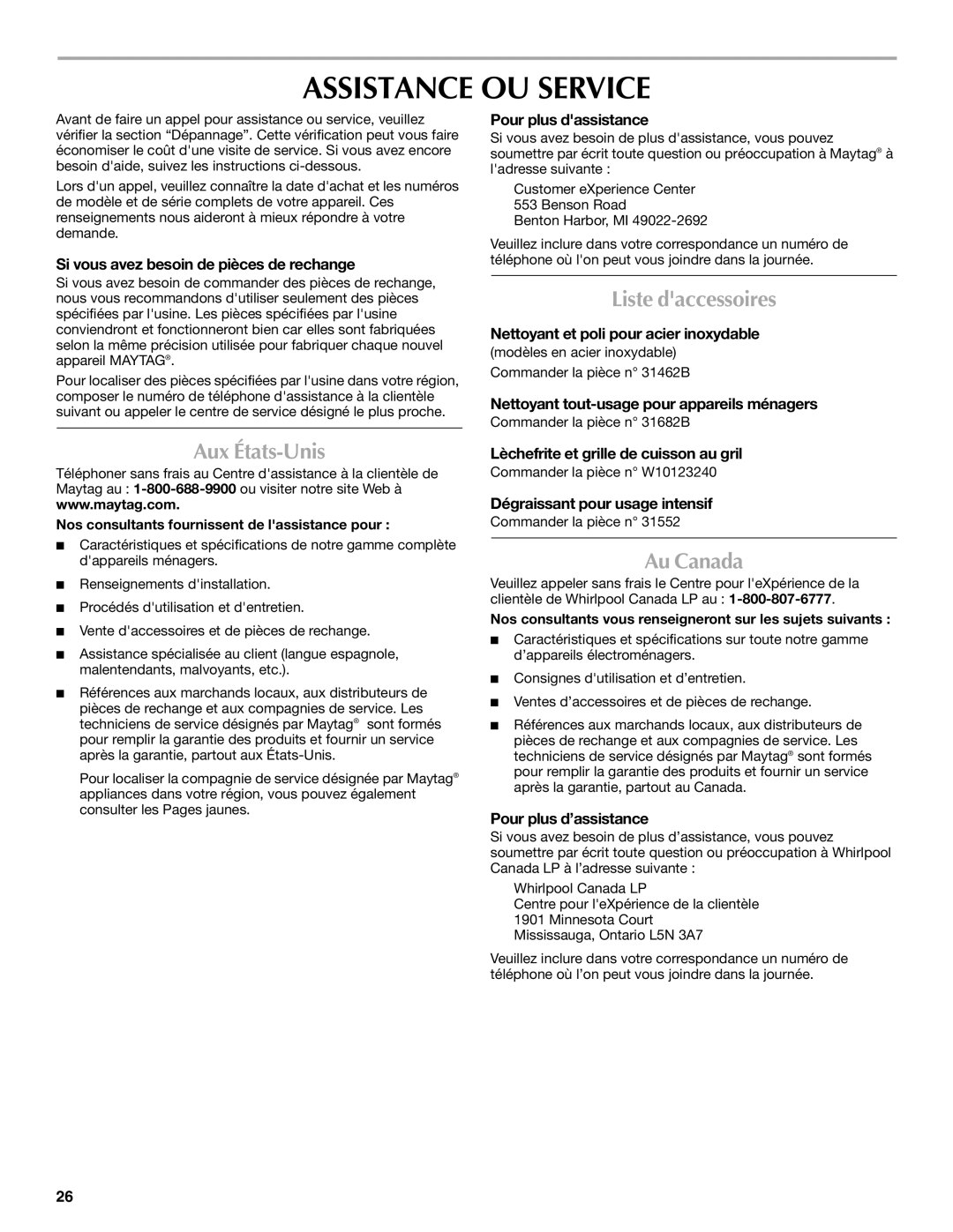 Maytag MMW7530WDS manual Assistance OU Service, Aux États-Unis, Liste daccessoires, Au Canada 