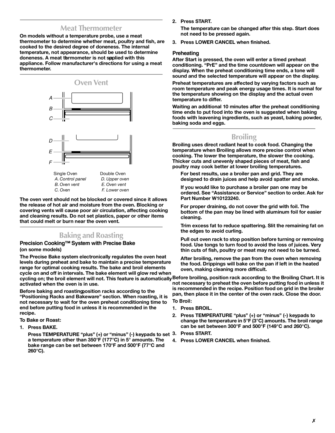 Maytag MMW7530WDS manual Meat Thermometer, Oven Vent, Baking and Roasting, Broiling 