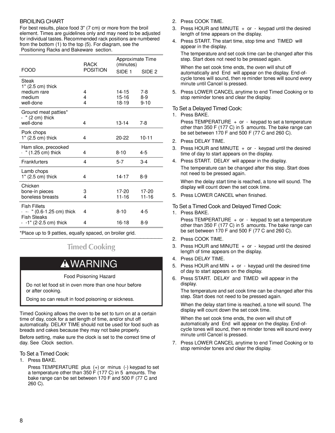 Maytag MMW7530WDS manual Timed Cooking, Broiling Chart, To Set a Timed Cook, To Set a Delayed Timed Cook 