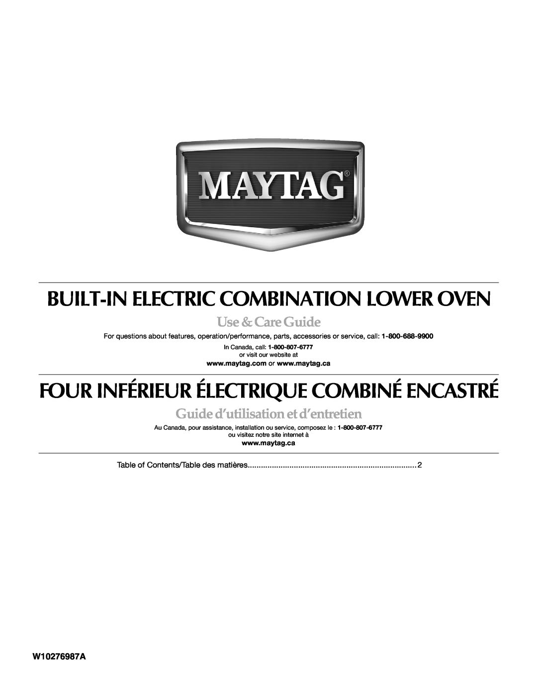 Maytag MMW7530WDS manual Built-In Electric Combination Lower Oven, Four Inférieur Électrique Combiné Encastré, W10276987A 