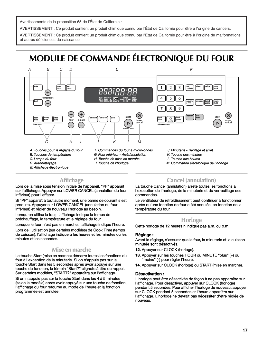 Maytag MMW7530WDS Module De Commande Électronique Du Four, Affichage, Mise en marche, Cancel annulation, Horloge, Réglage 