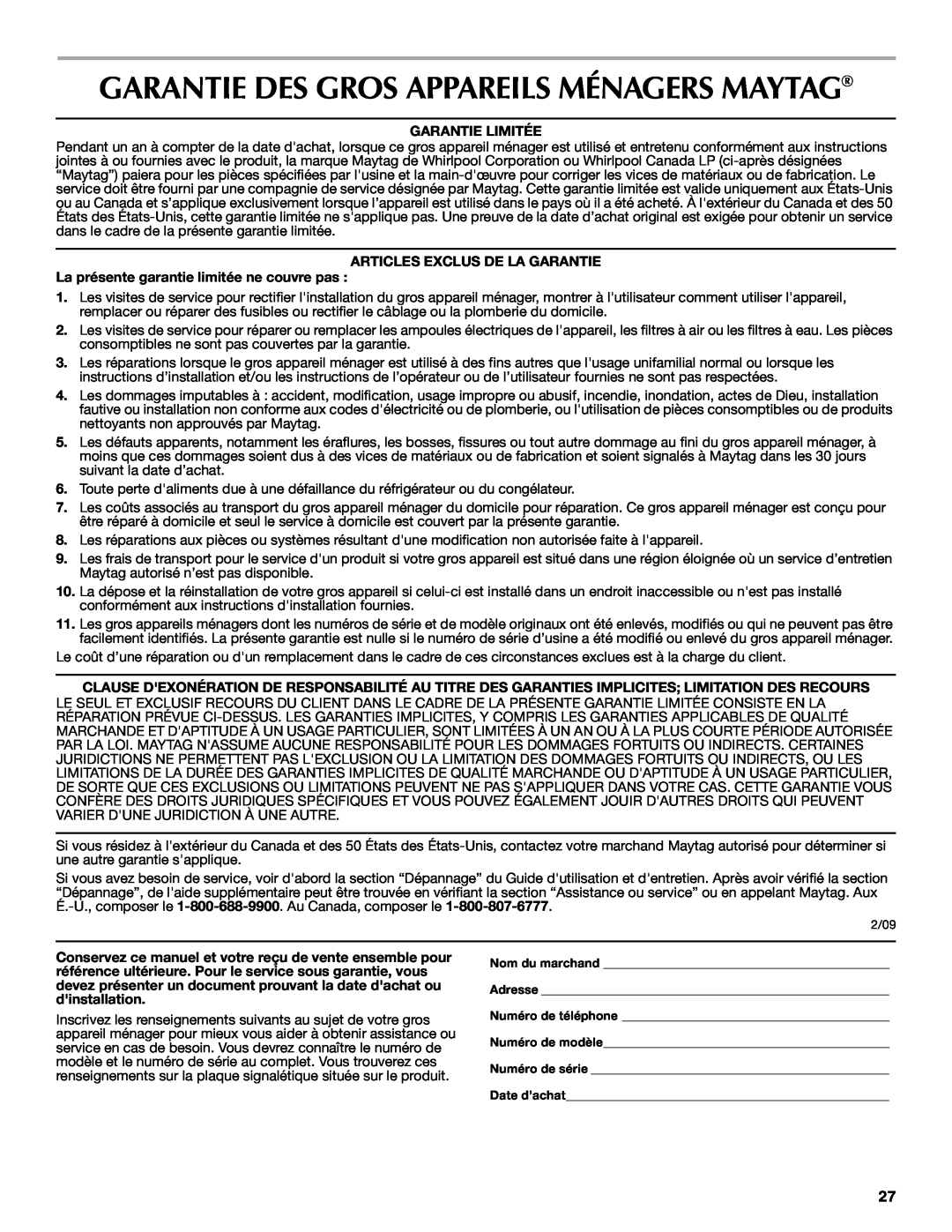 Maytag MMW7530WDS manual Garantie Des Gros Appareils Ménagers Maytag, Garantie Limitée, Articles Exclus De La Garantie 