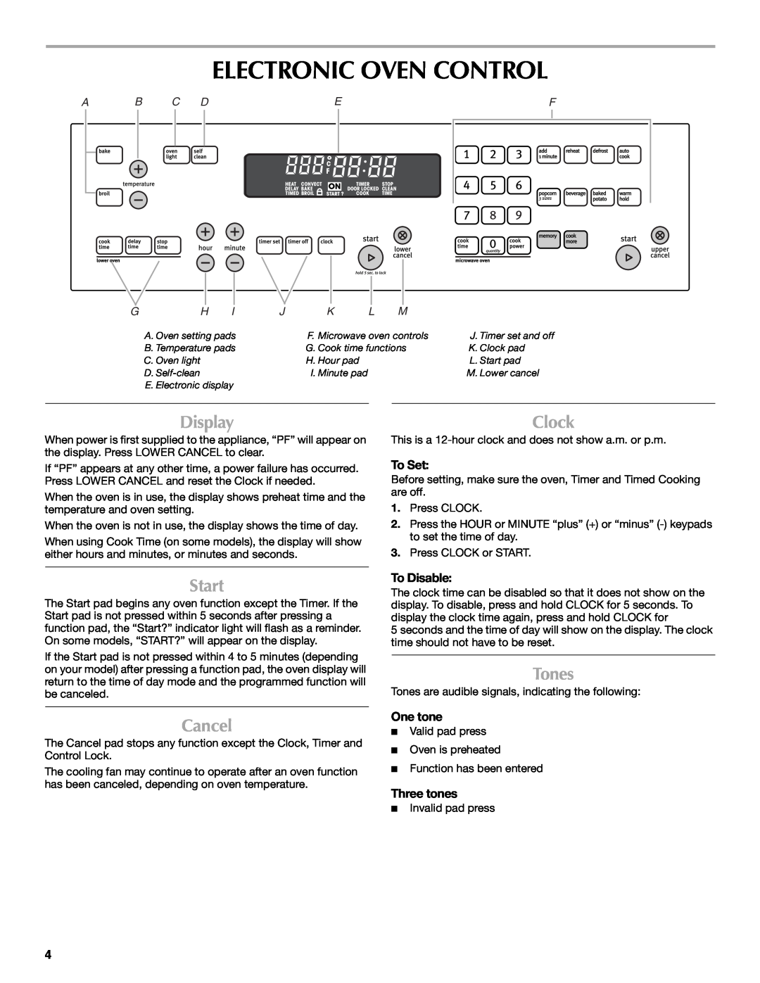 Maytag MMW7530WDS Electronic Oven Control, Start, Cancel, Tones, To Set, To Disable, One tone, Three tones, A B C Def 