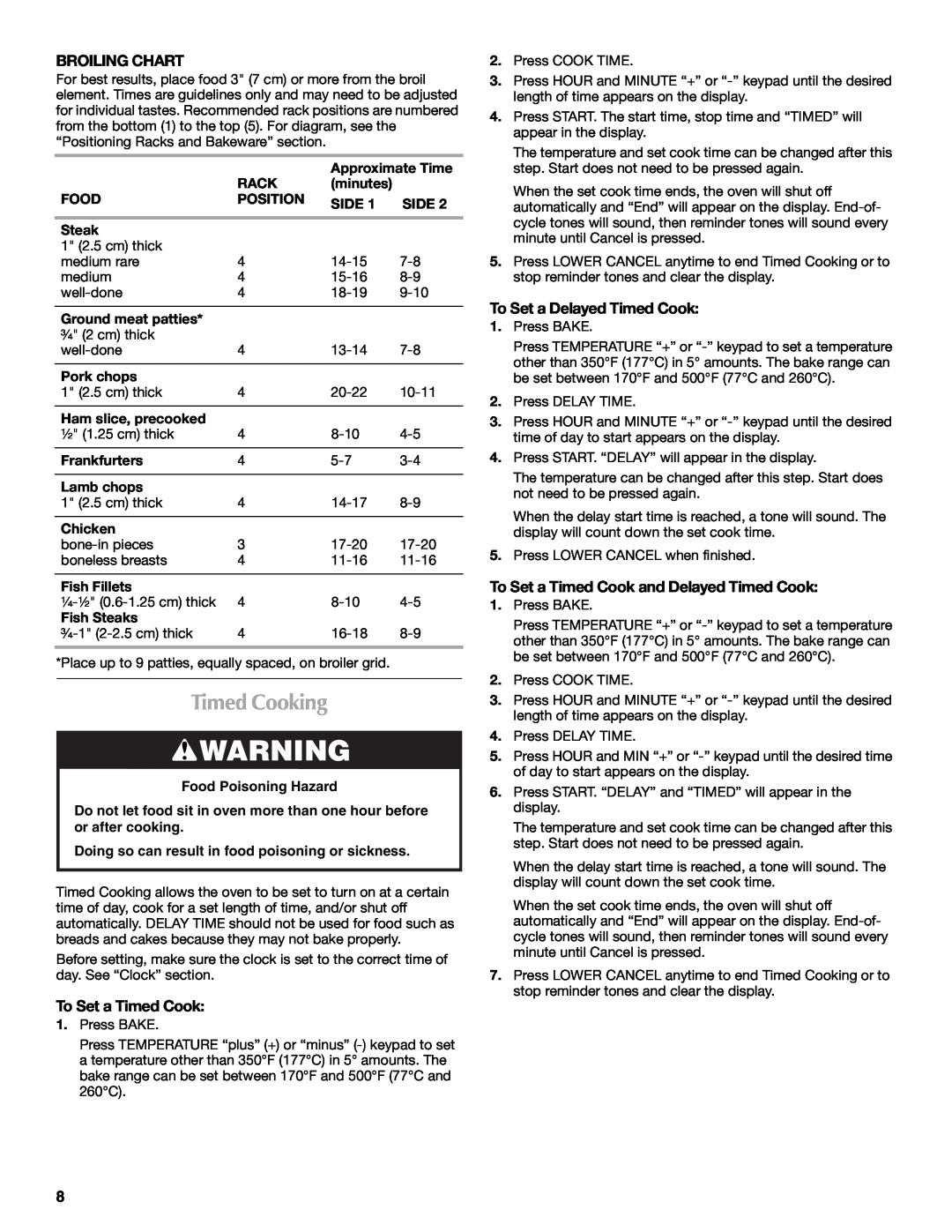 Maytag MMW7530WDS Timed Cooking, Broiling Chart, To Set a Timed Cook, To Set a Delayed Timed Cook, Food Poisoning Hazard 