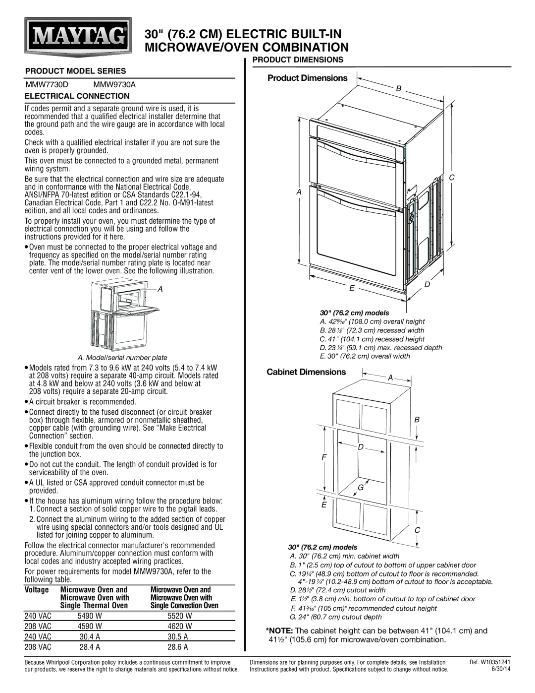 Maytag MMW7730D dimensions 30 76.2 CM Electric BUILT-IN MICROWAVE/OVEN Combination, Product Dimensions, Cabinet Dimensions 