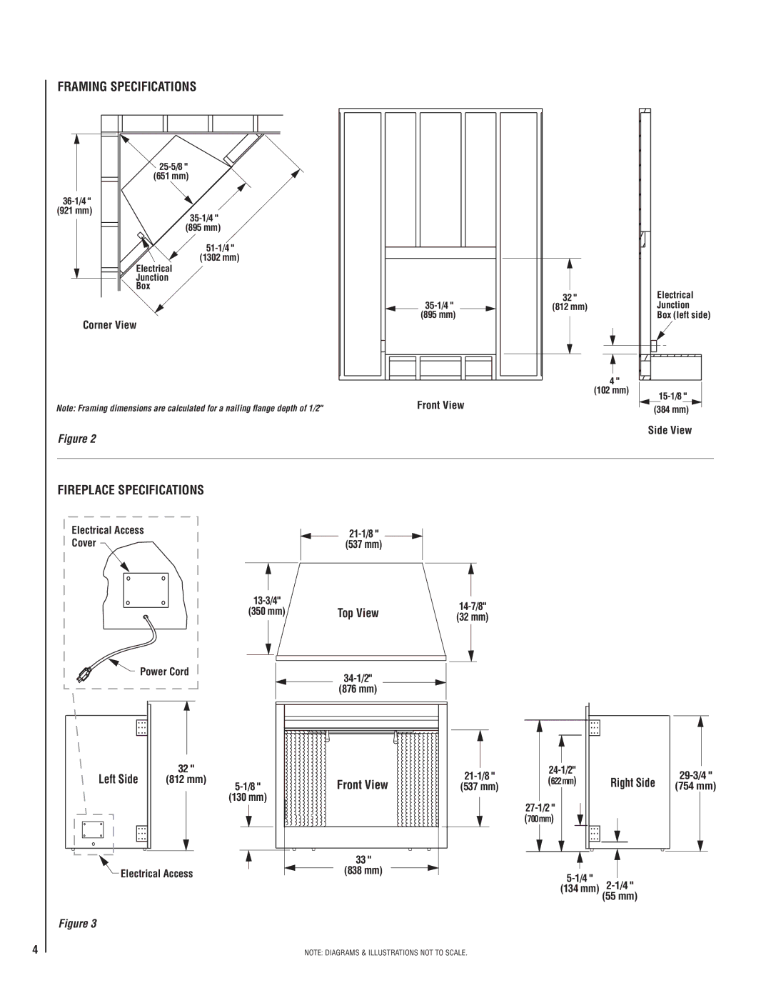 Maytag MPE-33R warranty Framing Specifications, Fireplace Specifications, Left Side, Right Side 