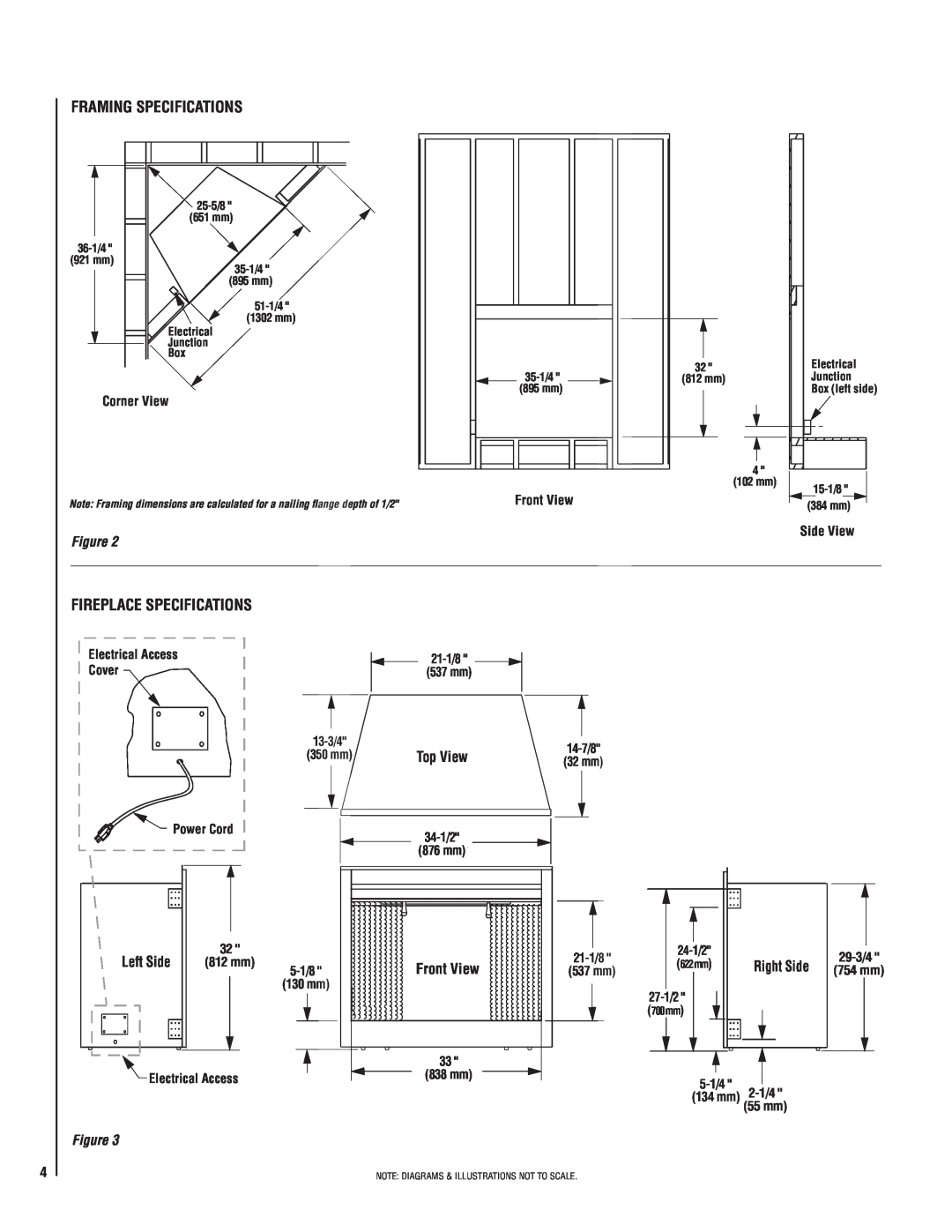 Maytag MPE-33R Framing Specifications, Fireplace Specifications, Left Side, Corner View, Front View, Side View, 21-1/8 
