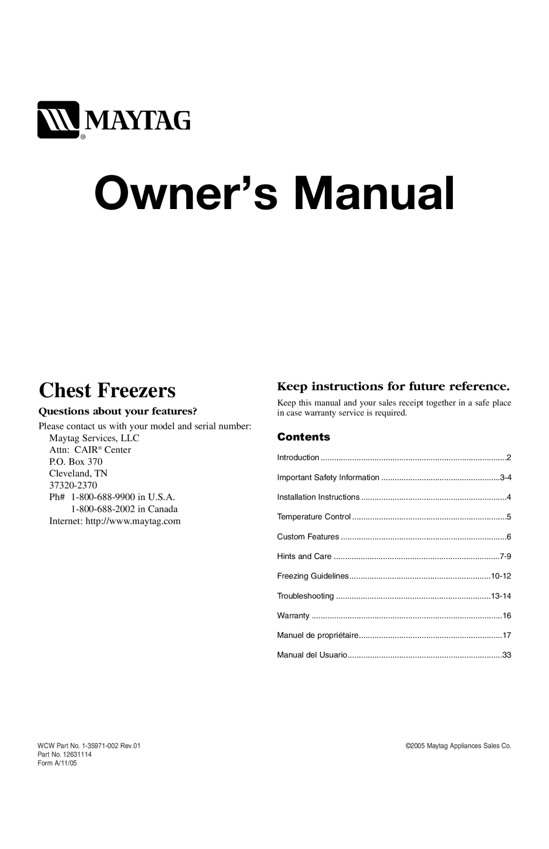 Maytag MQC2257BEW owner manual Chest Freezers 