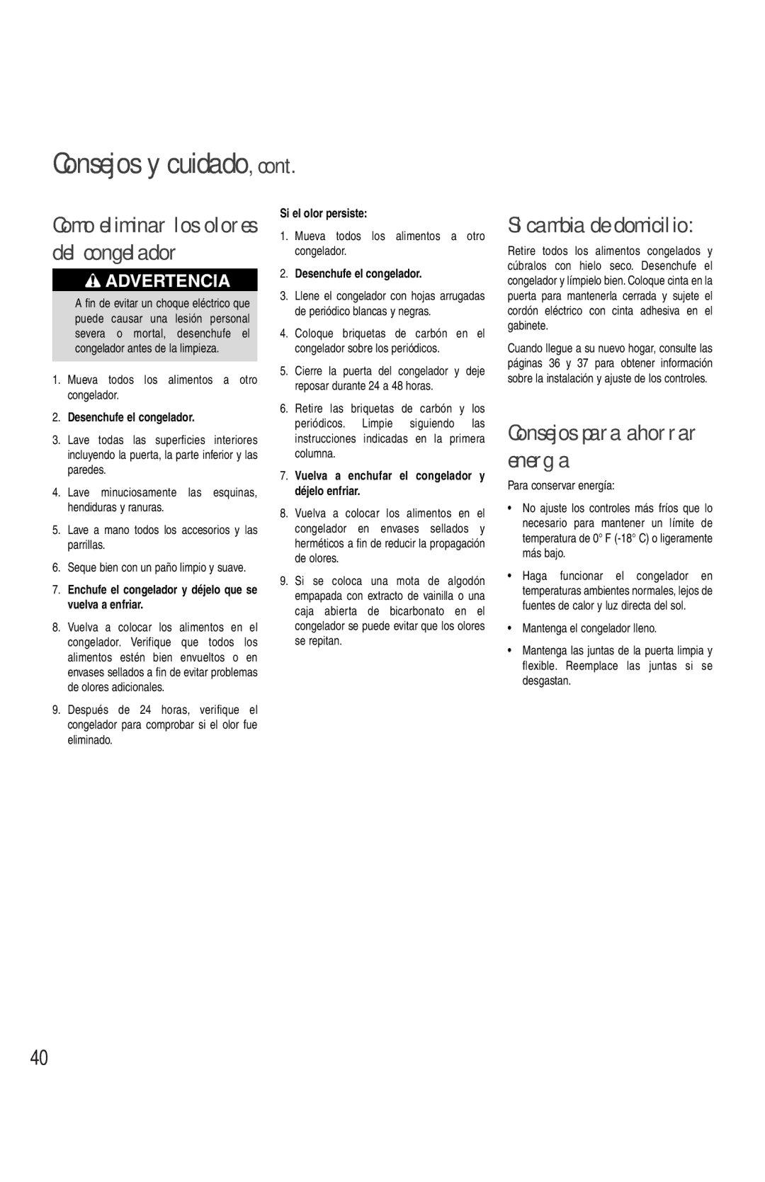 Maytag MQC2257BEW owner manual Consejos y cuidado, Consejos para ahorrar energía, Como eliminar los olores del congelador 