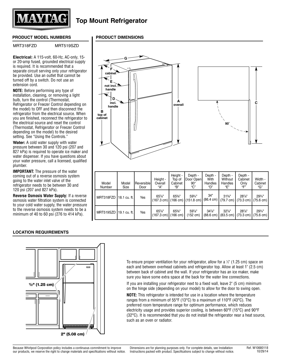 Maytag MRT318FZD/MRT5198ZD dimensions Top Mount Refrigerator, Product Model Numbers, MRT318FZD MRT519SZD, 1.25 cm 08 cm 