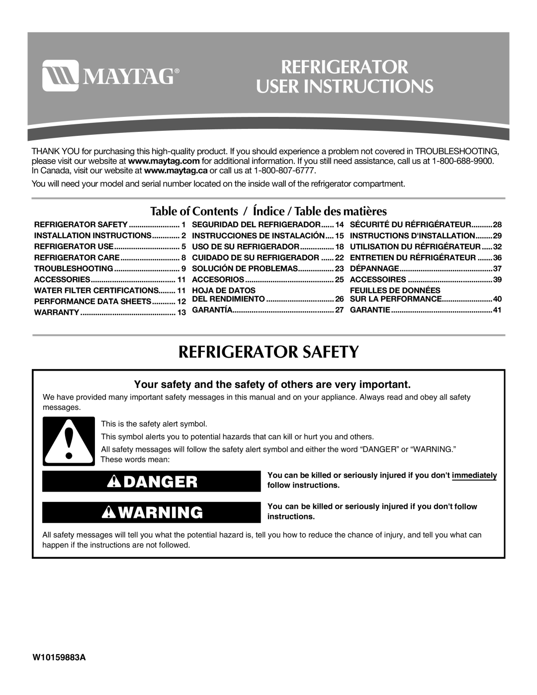 Maytag MSD2254VEW installation instructions Refrigerator User Instructions, Refrigerator Safety 