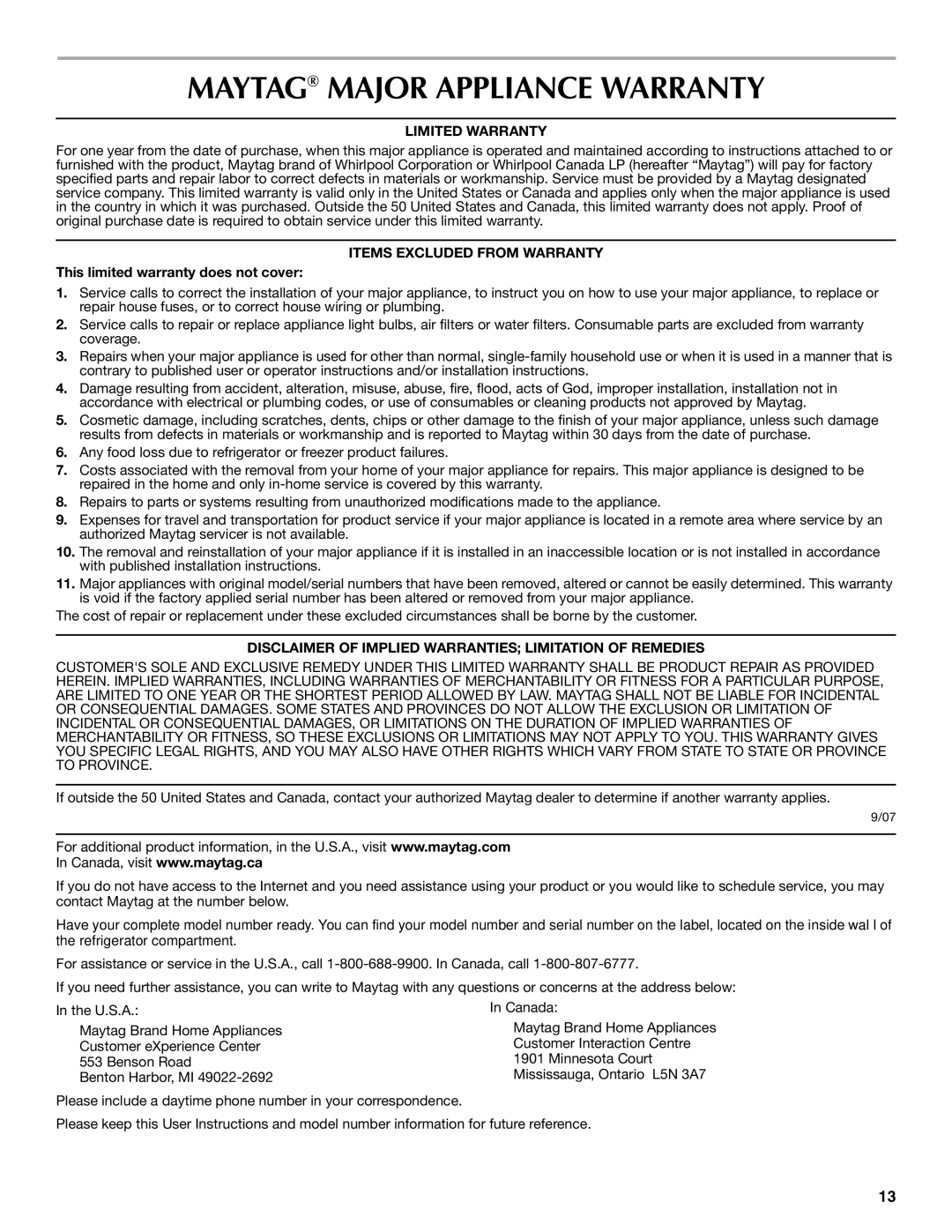 Maytag MSD2254VEW installation instructions Maytag Major Appliance Warranty, Limited Warranty, Items Excluded from Warranty 