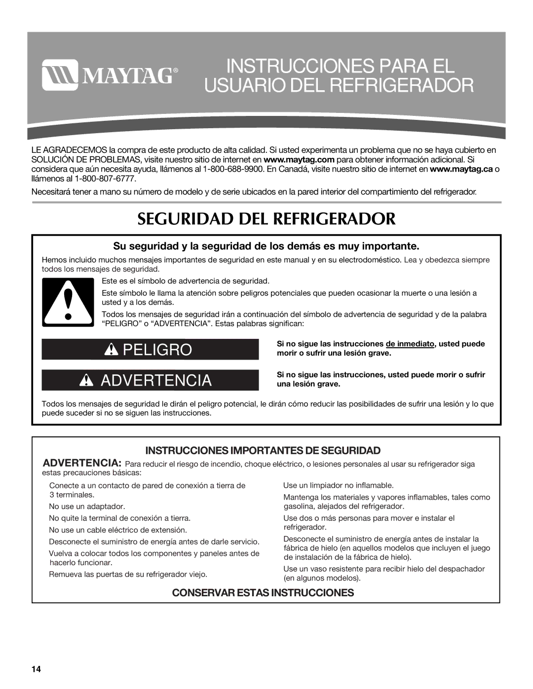 Maytag MSD2254VEW installation instructions Instrucciones Para EL Usuario DEL Refrigerador, Seguridad DEL Refrigerador 