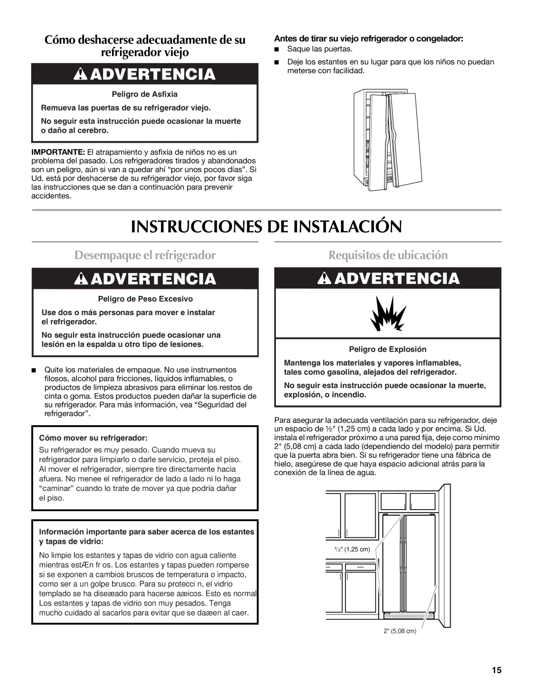 Maytag MSD2254VEW Instrucciones DE Instalación, Desempaque el refrigerador, Requisitos de ubicación 