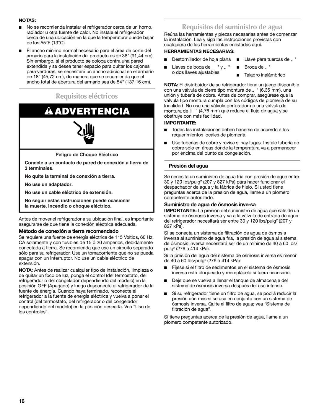 Maytag MSD2254VEW Requisitos eléctricos, Requisitos del suministro de agua, Método de conexión a tierra recomendado 