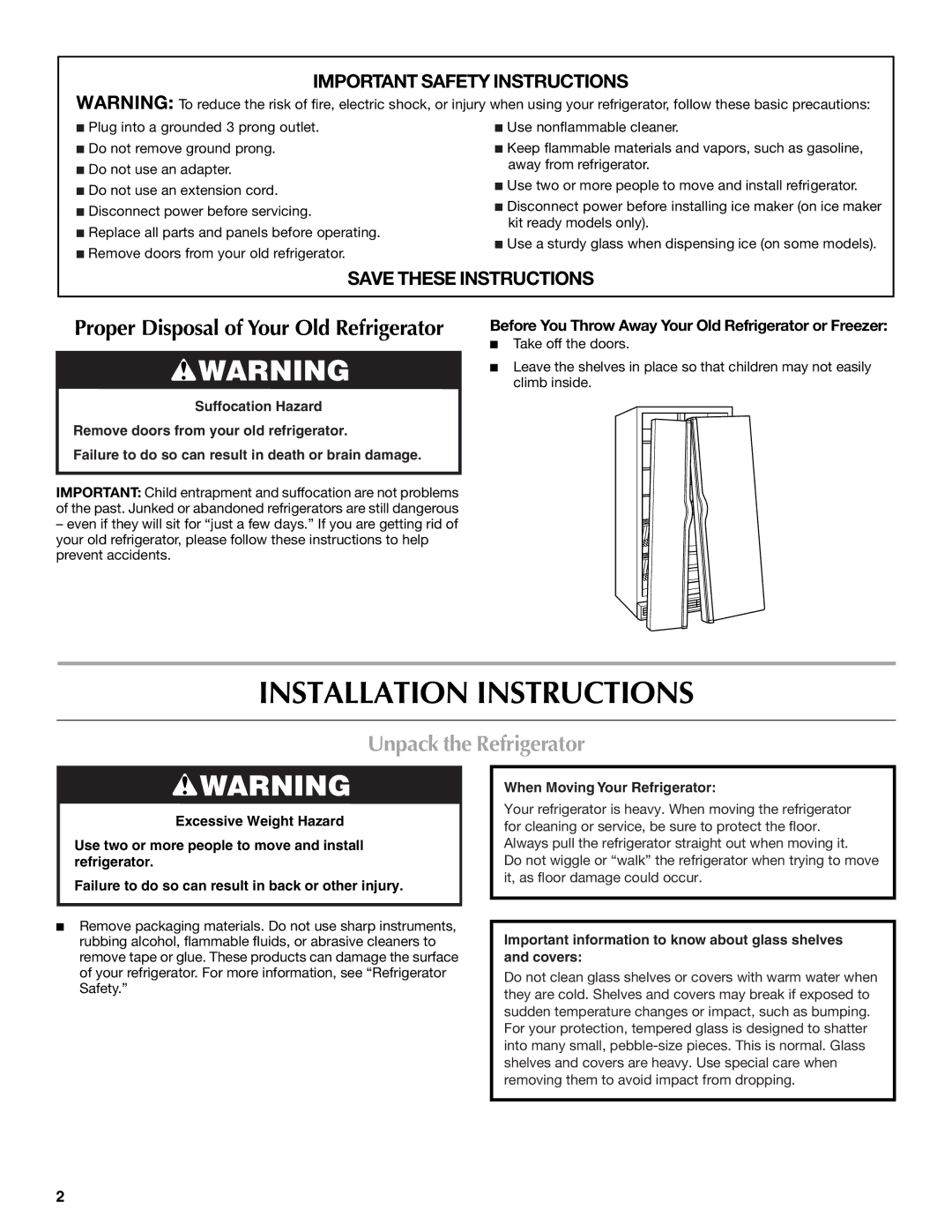 Maytag MSD2254VEW installation instructions Installation Instructions, Unpack the Refrigerator 