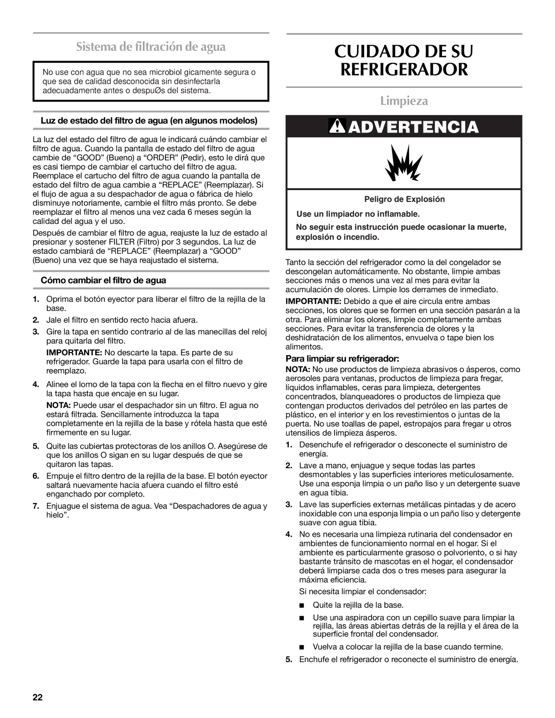 Maytag MSD2254VEW installation instructions Cuidado DE SU Refrigerador, Sistema de filtración de agua, Limpieza 