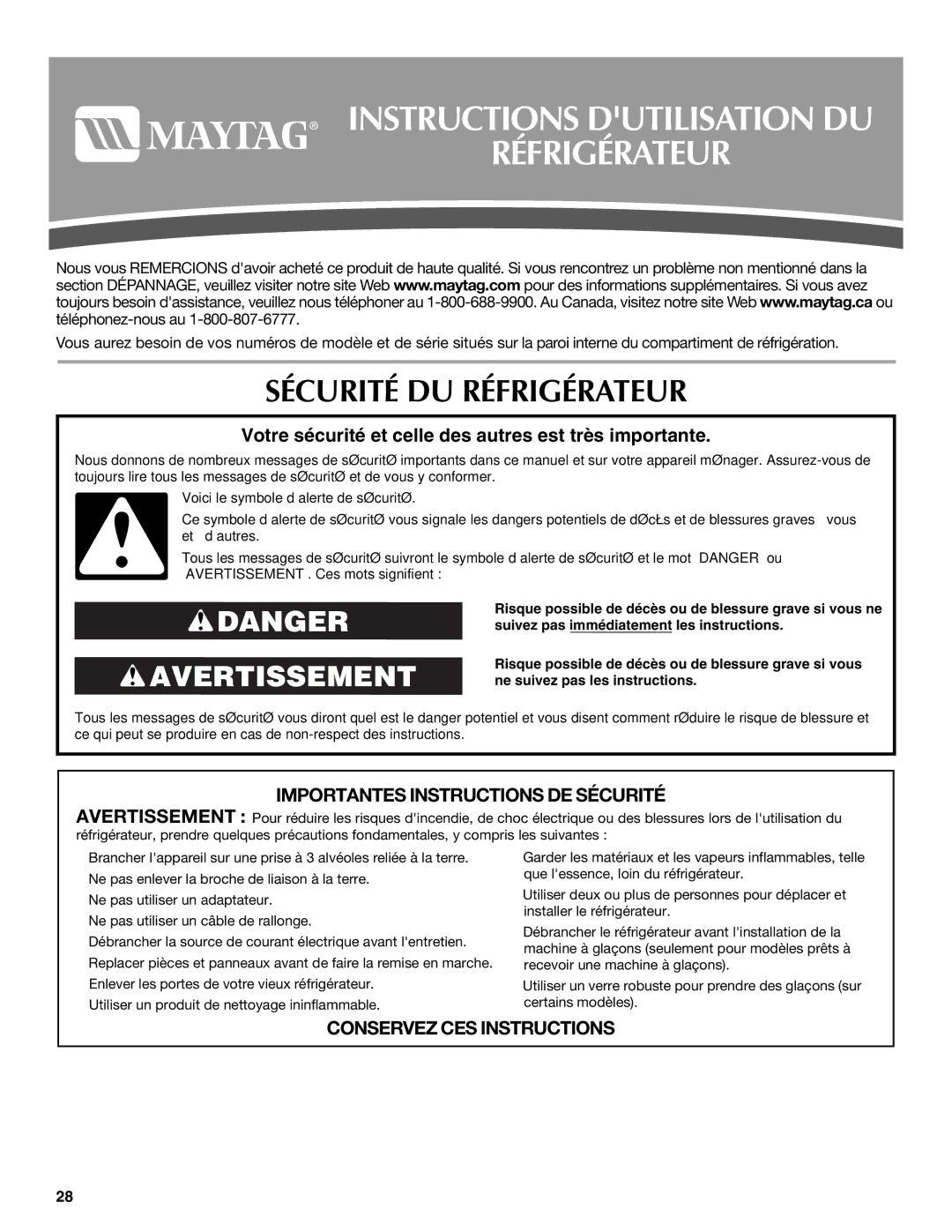 Maytag MSD2254VEW installation instructions Instructions Dutilisation DU Réfrigérateur, Sécurité DU Réfrigérateur 