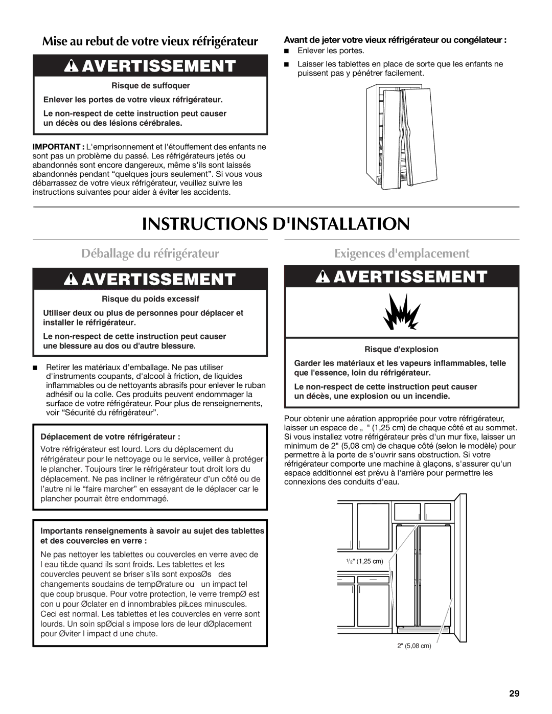 Maytag MSD2254VEW installation instructions Instructions Dinstallation, Déballage du réfrigérateur, Exigences demplacement 