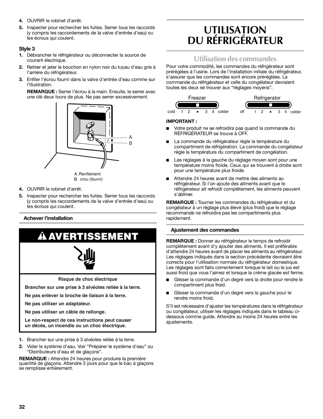 Maytag MSD2254VEW installation instructions Utilisation DU Réfrigérateur, Utilisation des commandes, Achever l’installation 