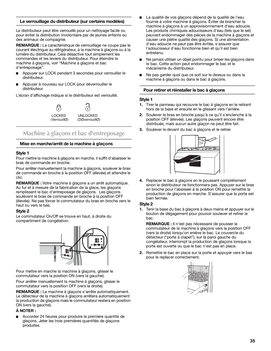 Maytag MSD2254VEW Le verrouillage du distributeur sur certains modèles, Mise en marche/arrêt de la machine à glaçons Style 