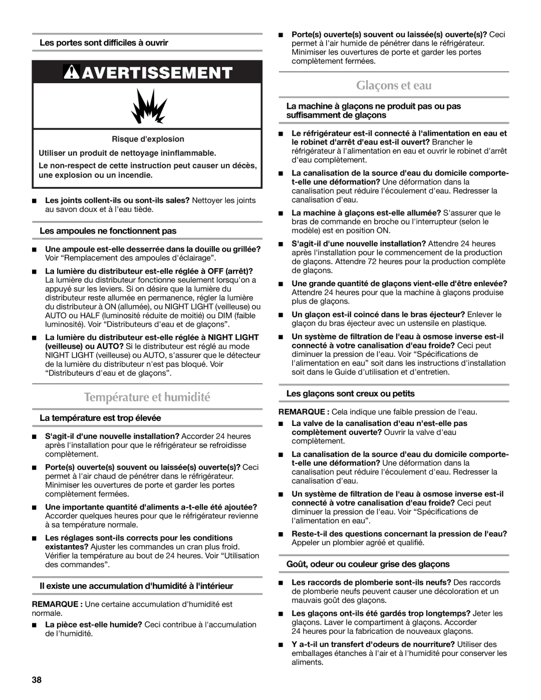 Maytag MSD2254VEW installation instructions Glaçons et eau, Température et humidité 