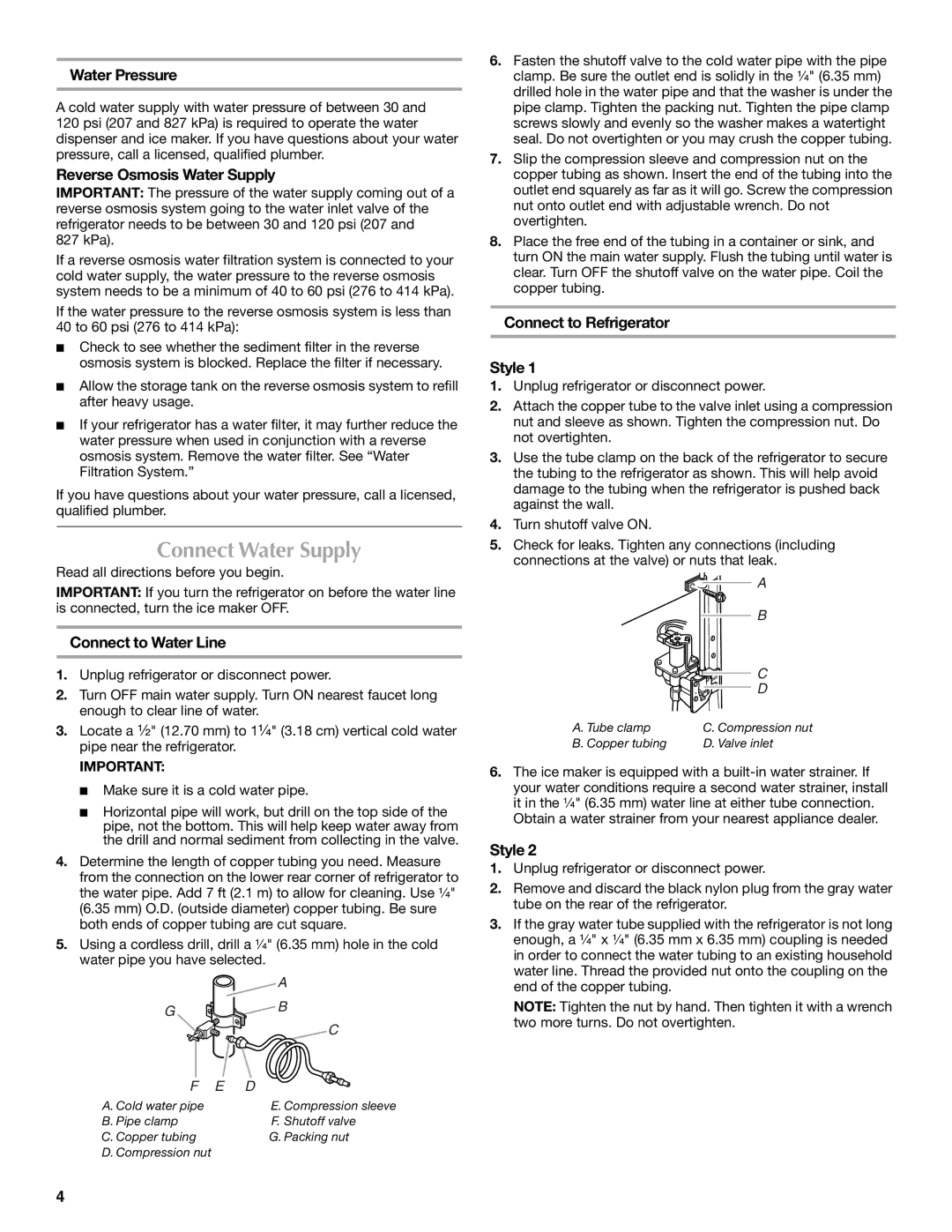 Maytag MSD2254VEW Connect Water Supply, Water Pressure, Reverse Osmosis Water Supply, Connect to Water Line 