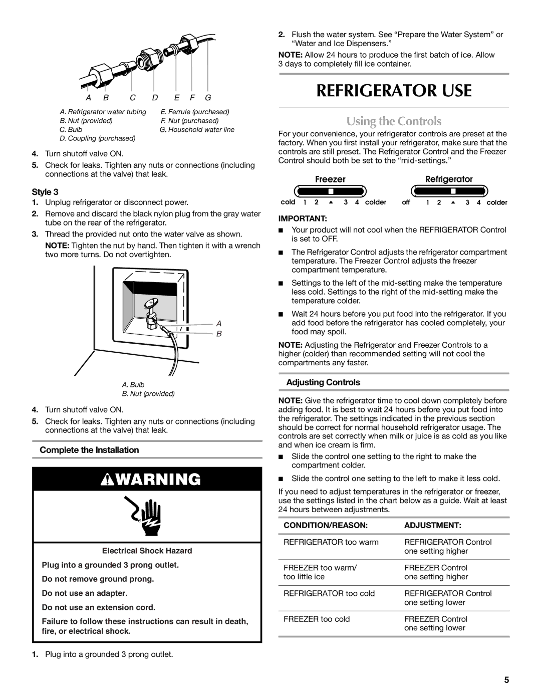 Maytag MSD2254VEW Refrigerator USE, Using the Controls, Complete the Installation, Adjusting Controls 