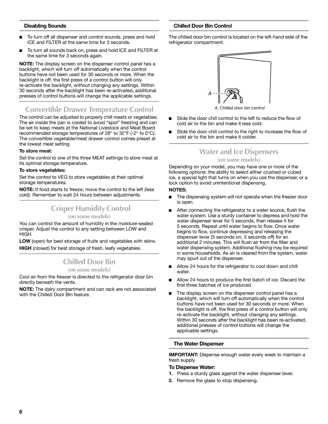 Maytag MSD2254VEW installation instructions Crisper Humidity Control, Chilled Door Bin, Water and Ice Dispensers 