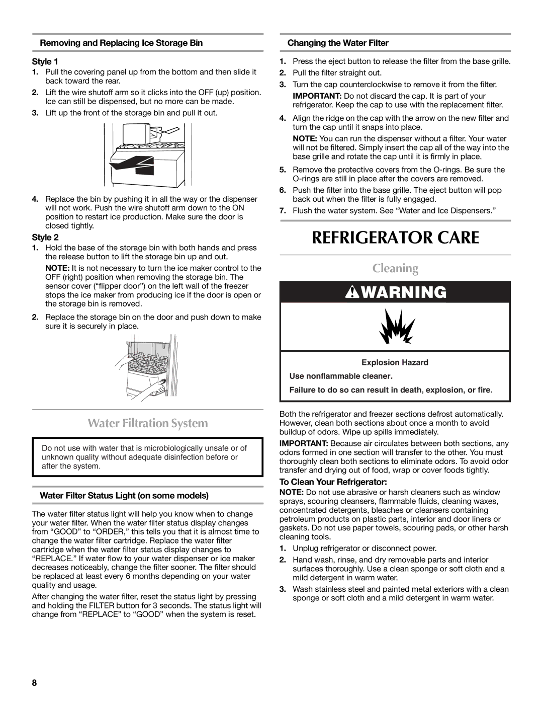 Maytag MSD2254VEW installation instructions Refrigerator Care, Water Filtration System, Cleaning 