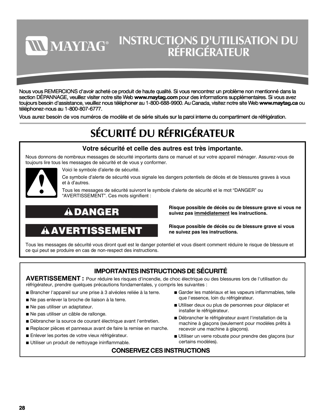 Maytag MSD2254VEW Instructions Dutilisation Du Réfrigérateur, Sécurité Du Réfrigérateur, Danger Avertissement 