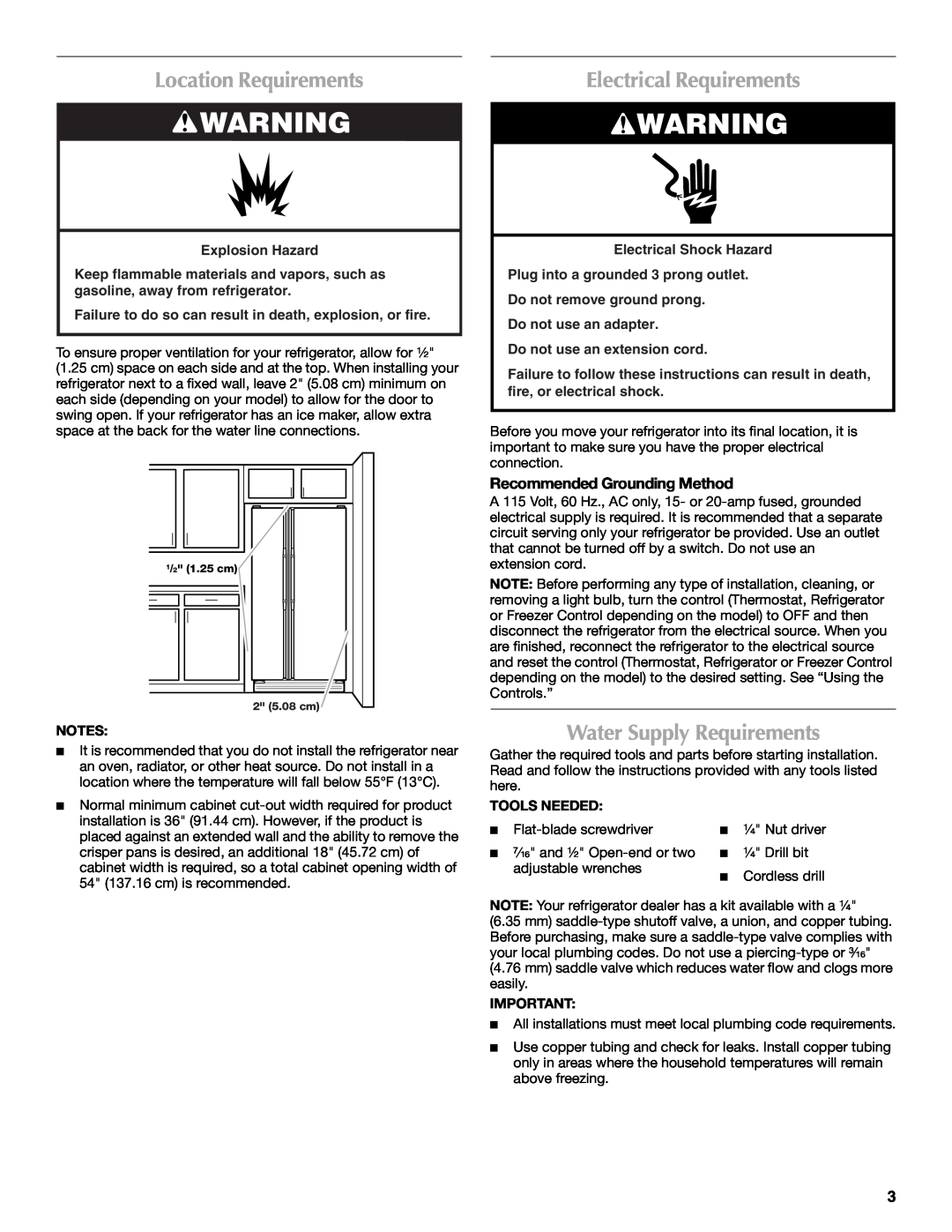 Maytag MSD2254VEW Location Requirements, Electrical Requirements, Water Supply Requirements, Recommended Grounding Method 