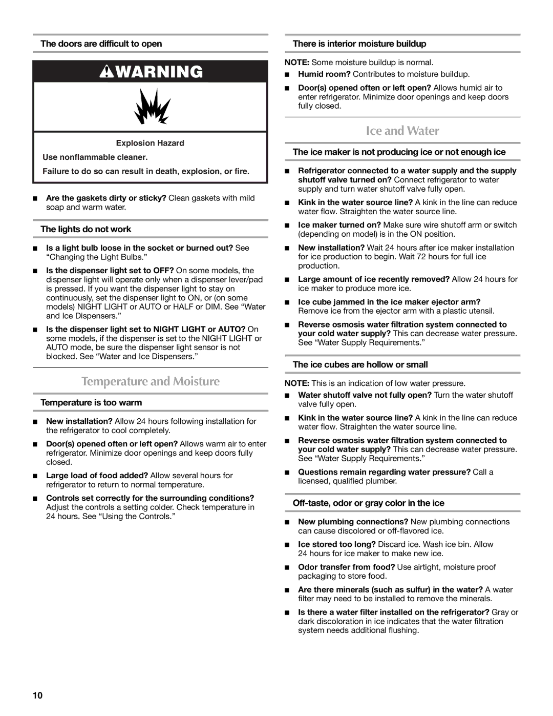 Maytag MSD2272VES installation instructions Temperature and Moisture, Ice and Water 