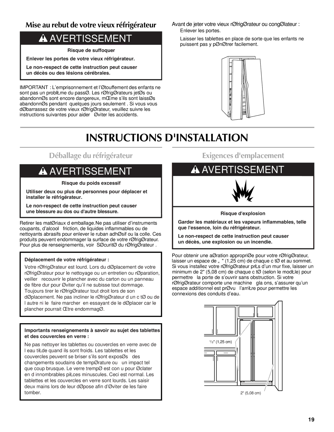 Maytag MSD2272VES installation instructions Instructions Dinstallation, Déballage du réfrigérateur, Exigences demplacement 