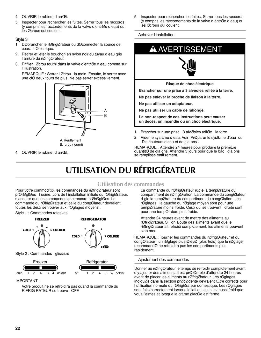 Maytag MSD2272VES installation instructions Utilisation DU Réfrigérateur, Utilisation des commandes, Achever l’installation 