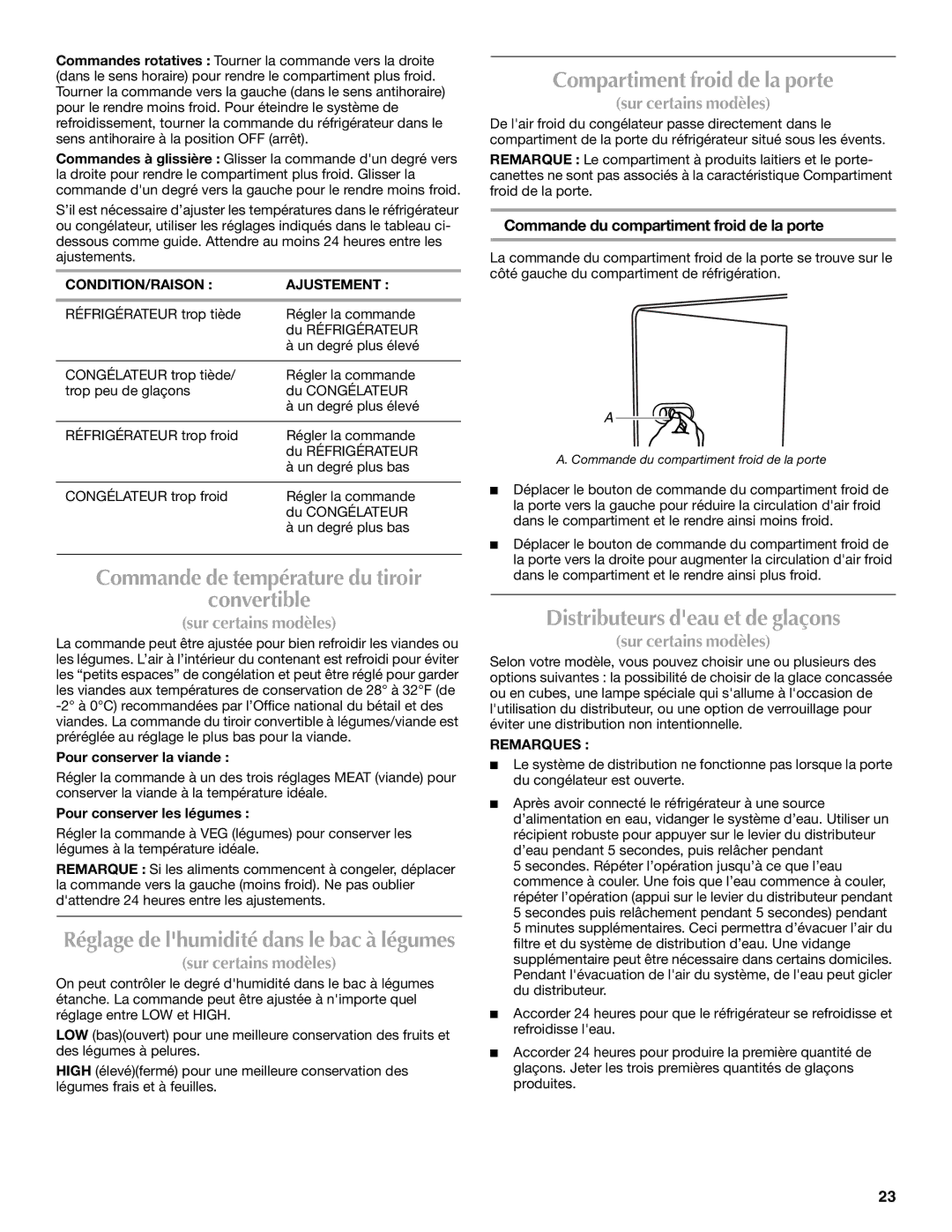 Maytag MSD2272VES installation instructions Commande de température du tiroir Convertible, Compartiment froid de la porte 