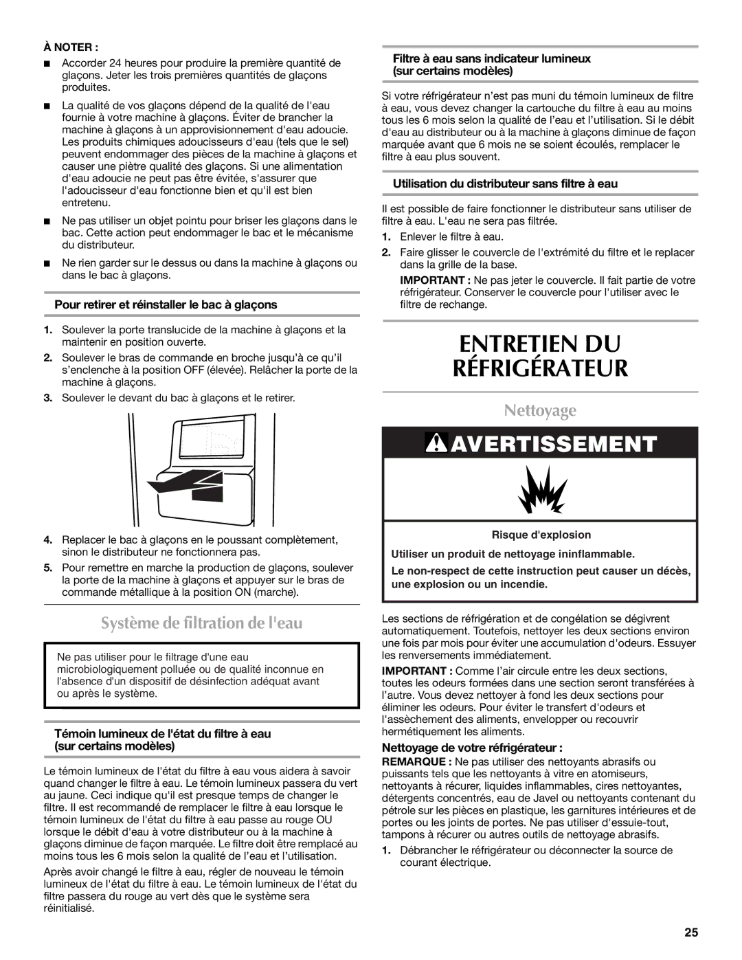 Maytag MSD2272VES installation instructions Entretien DU Réfrigérateur, Système de filtration de leau, Nettoyage 