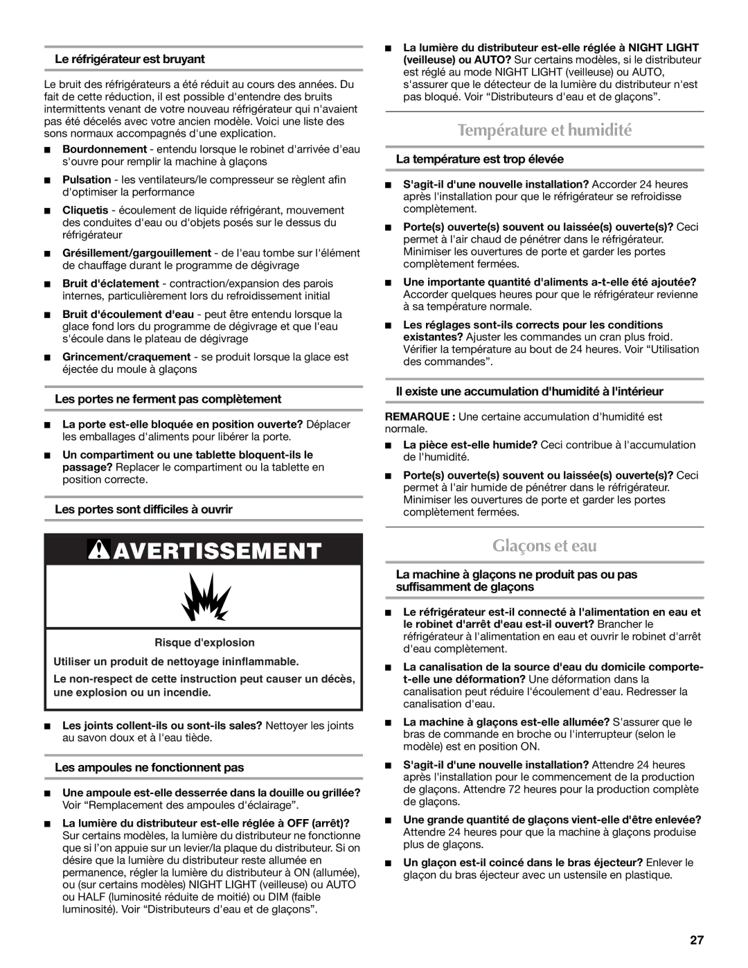 Maytag MSD2272VES installation instructions Température et humidité, Glaçons et eau 