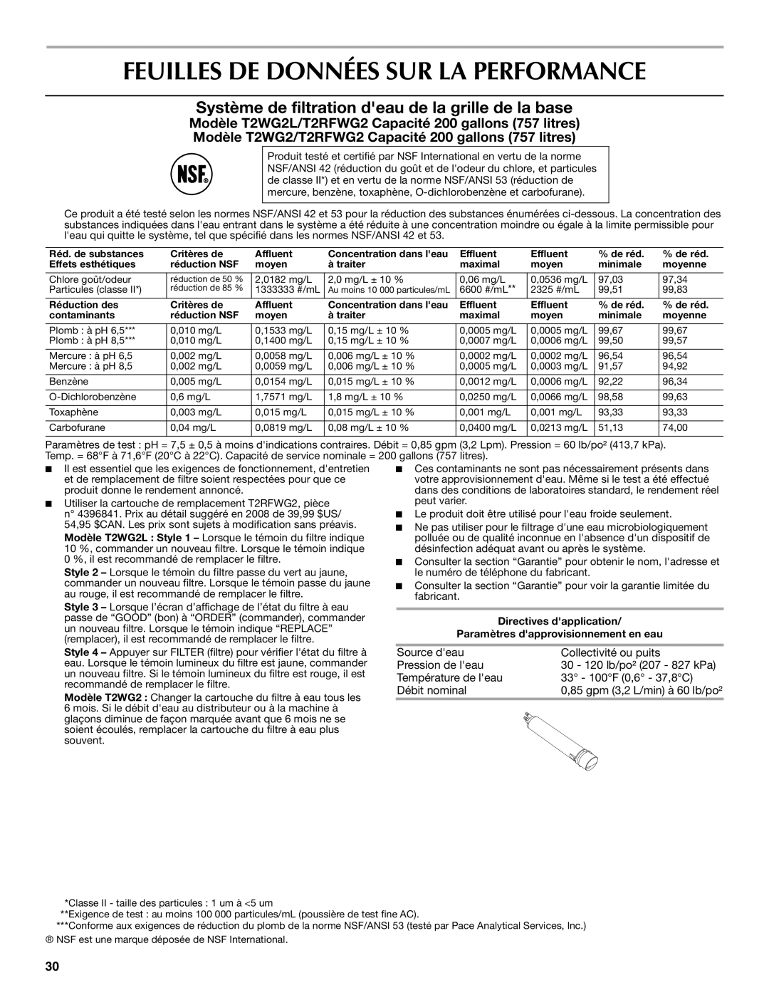 Maytag MSD2272VES Feuilles DE Données SUR LA Performance, Système de filtration deau de la grille de la base 