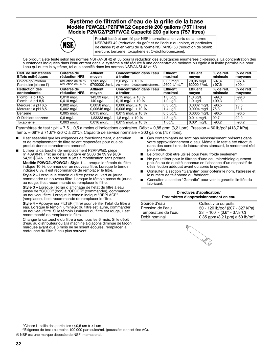 Maytag MSD2272VES installation instructions 909 mg/L Mg/L ± 10 % 05 mg/L 97,4 Particules classe 