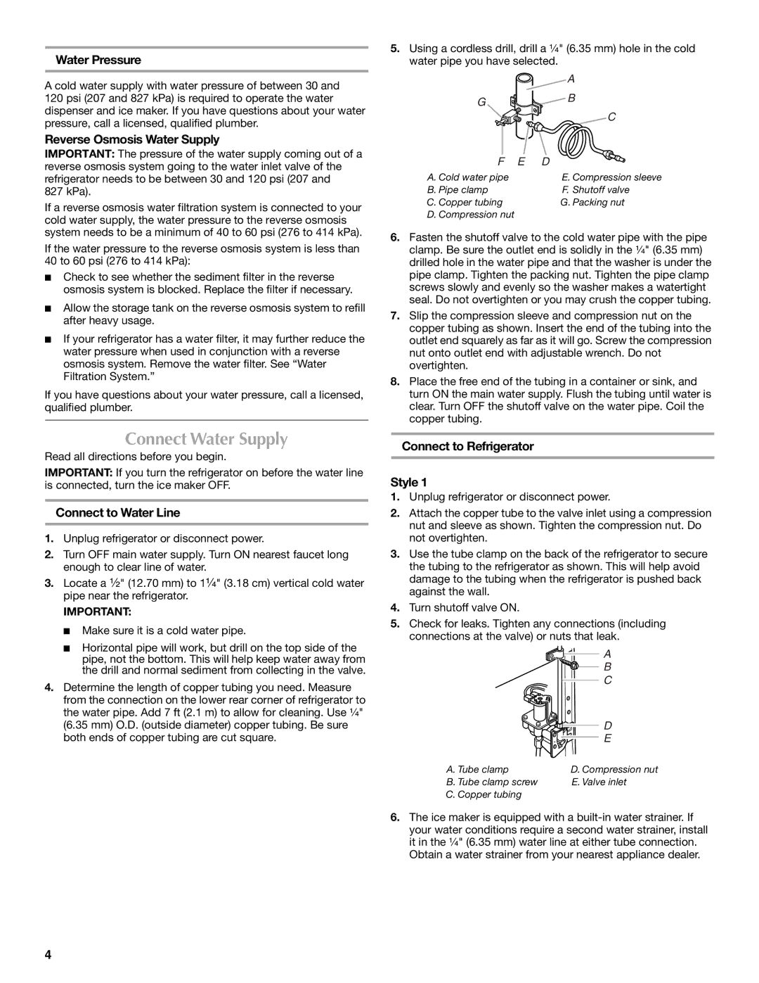 Maytag MSD2272VES Connect Water Supply, Water Pressure, Reverse Osmosis Water Supply, Connect to Water Line 