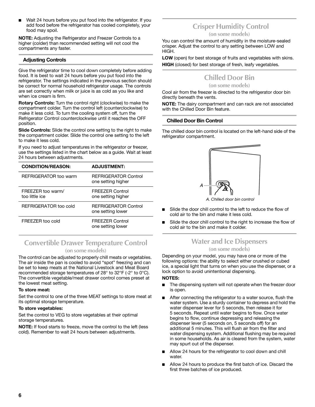 Maytag MSD2272VES Crisper Humidity Control, Chilled Door Bin, Water and Ice Dispensers, Adjusting Controls 