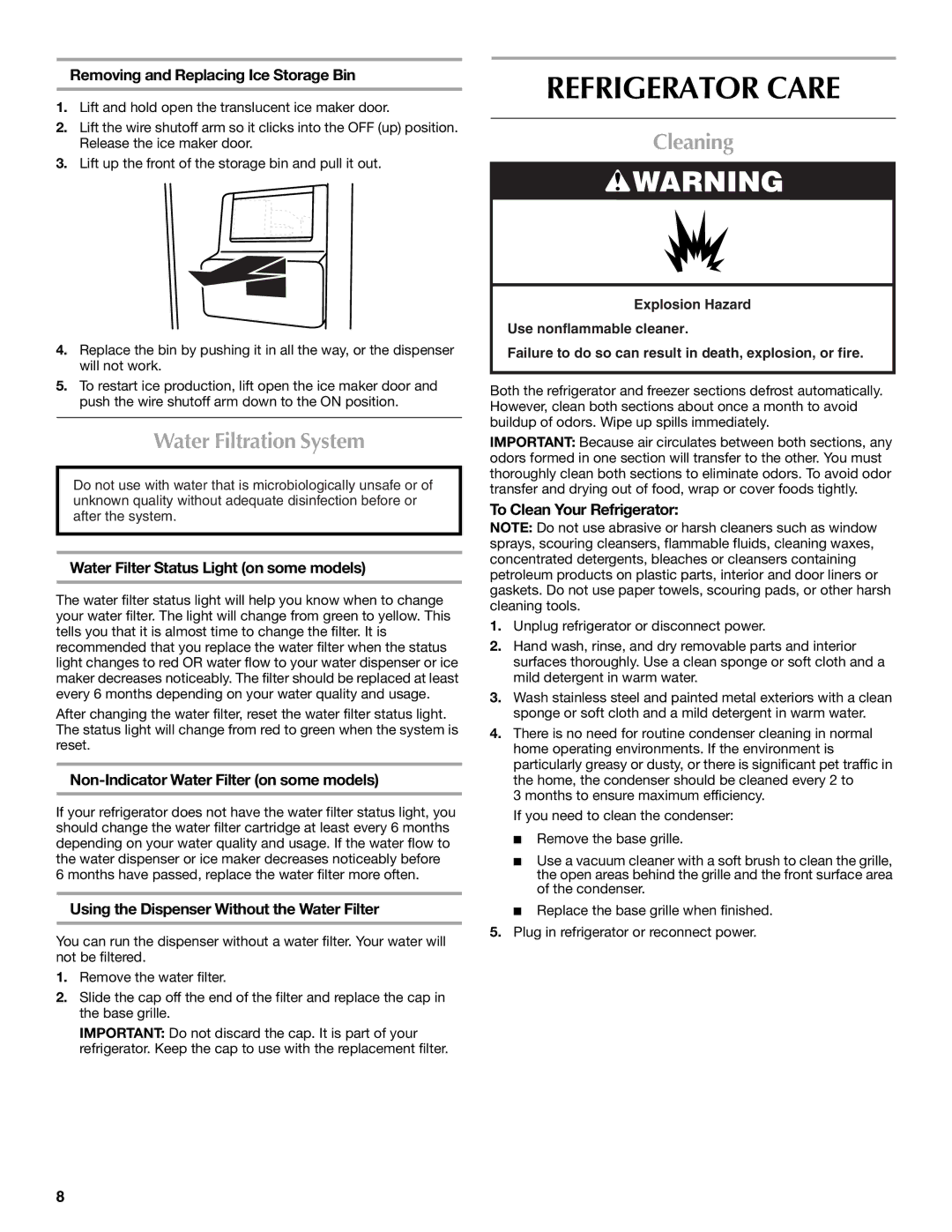 Maytag MSD2272VES installation instructions Refrigerator Care, Water Filtration System, Cleaning 