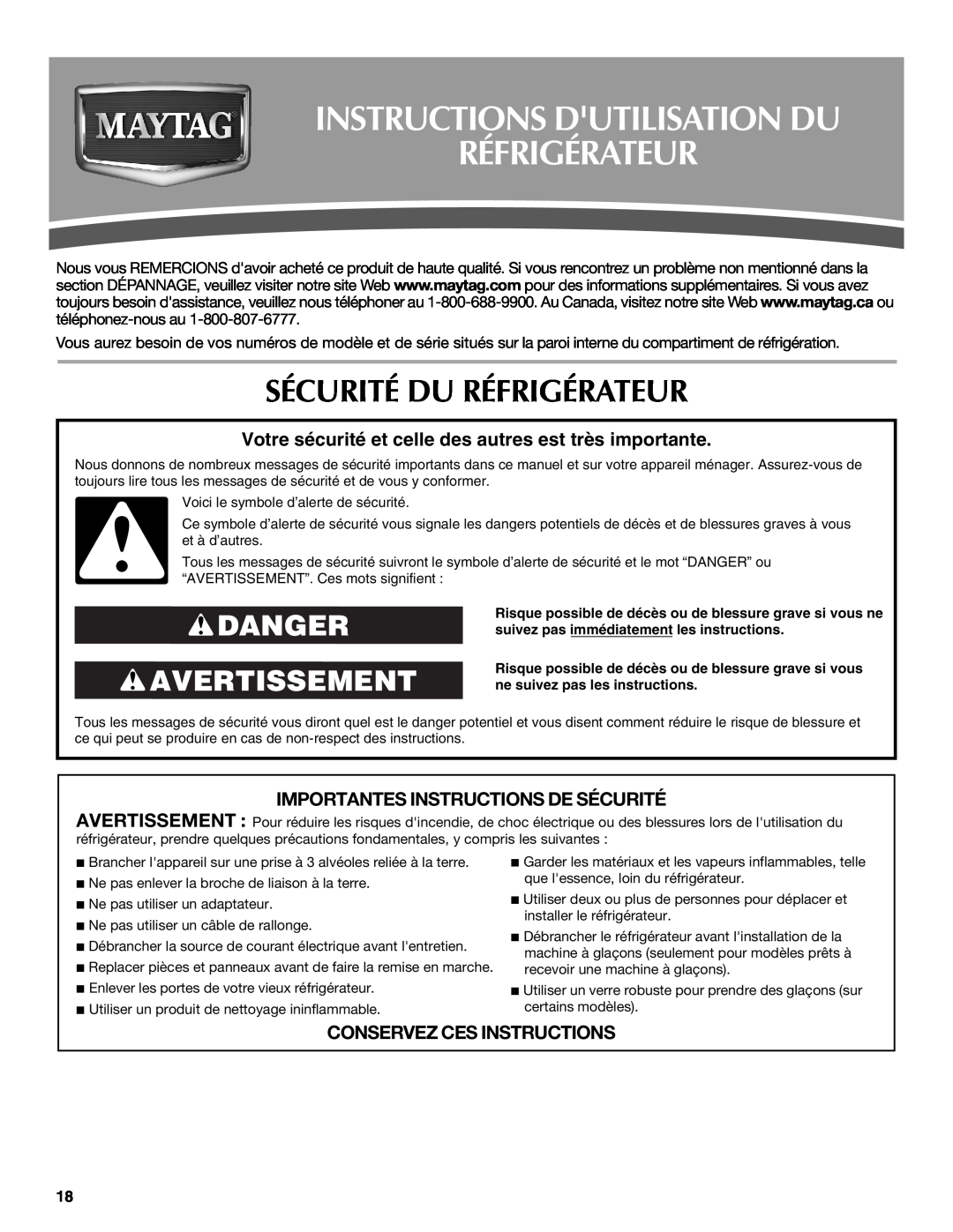 Maytag MSD2272VES Instructions Dutilisation Du Réfrigérateur, Sécurité Du Réfrigérateur, Danger Avertissement 